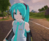 hatsune miku is standing on a road with trees in the background
