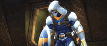 a superhero with a sword and shield standing in a room