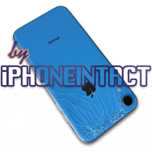 a blue iphone with a cracked screen and the words iphoneintact written on it