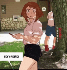 a cartoon of a girl saying hey cariño in front of a public restroom