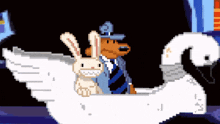 a pixel art of a dog and rabbit riding on a swan