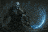 a man with blue skin is holding a blue sword