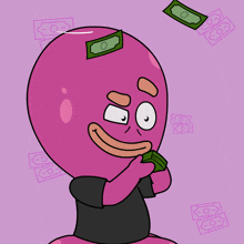 a pink cartoon character is holding a bunch of money in his hands