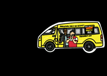 a cartoon drawing of a yellow van that says ' yall lan ' on it