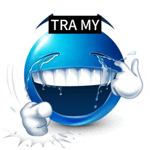 a blue smiley face with a sign that says tramy above it
