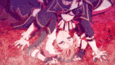 two anime characters laying on top of each other in a field of roses