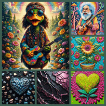 a collage of colorful images including a duck playing a guitar