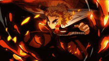 a cartoon character is surrounded by flames and a sword