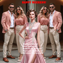 a woman in a pink dress is surrounded by men in pink jackets and pants