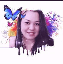 a woman is surrounded by butterflies and flowers with a purple background