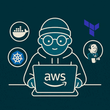 an illustration of a man using a laptop with aws written on it