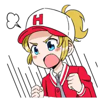 a girl wearing a baseball cap with the letter h on it looks angry