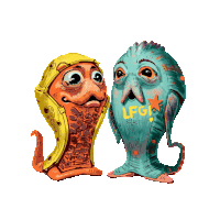a drawing of two monsters with the words " stay again " written on the bottom