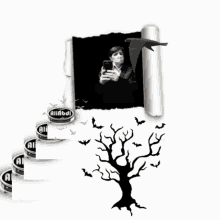 a picture of a man wearing a face mask and a tree with bats behind it