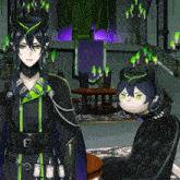 a cartoon character with horns and green eyes stands next to another character