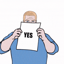 a bearded man is holding a piece of paper that says yes .