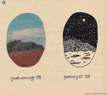 a drawing of a mountain and a night sky with the words good morning and goodnight below it