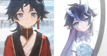 a boy and a girl are standing next to each other and looking at each other .
