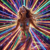 a woman in a rainbow dress is surrounded by rainbow lights