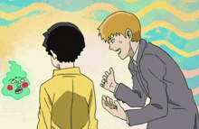 a man in a suit is talking to another man with a green face