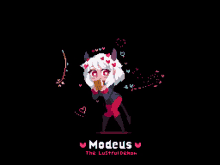 a pixel art of a girl with horns and the name modeus