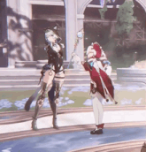two anime characters standing next to each other with one holding a staff