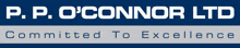 p.p. o'connor ltd committed to excellence is written in white on a blue background