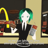 a cartoon of a woman holding a hamburger and a mcdonald 's cup