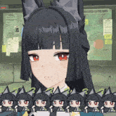 a girl with black hair and red eyes is standing in front of a board that says wether-active area