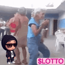 a cartoon character is dancing in front of a $ lotto sign