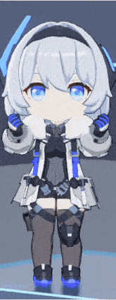 a girl with white hair and blue eyes is wearing a white coat and knee high socks