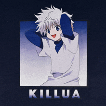 a picture of killua from hunter x hunter on a blue background