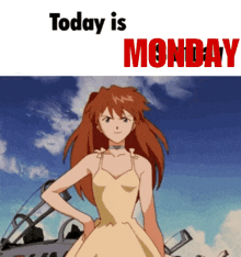 a girl in a yellow dress is standing in front of a blue sky with the words today is monday