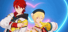 two anime characters are making a peace sign in front of a heart shaped light .