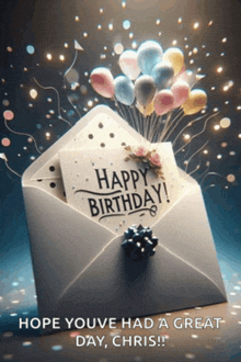 an envelope with balloons and a card that says happy birthday hope youve had a great day chris