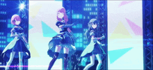 three anime girls are dancing on a stage in front of a blue background