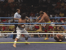 two men are wrestling in a boxing ring with a referee in the background