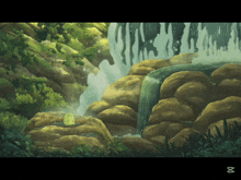 a painting of a waterfall with the letter x in the lower right corner