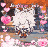 a cartoon character with hearts around him and the name sebyuan < 3 on the bottom