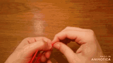 a person is holding a red object in their hands and the words made in animotica are on the bottom