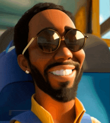 a man with a beard wearing sunglasses and a yellow shirt smiles