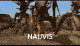 a group of robots are standing in the desert and the word nauvis is on the bottom