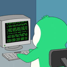 a cartoon of a dinosaur looking at a computer screen