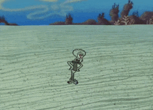 a cartoon character is walking down a dirt road with a large blue object behind him .