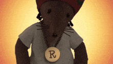 a stuffed animal wearing a hat and a necklace with the letter r
