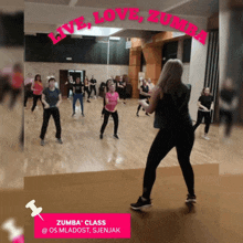 a group of people are dancing in a gym with the words live love zumba written above them