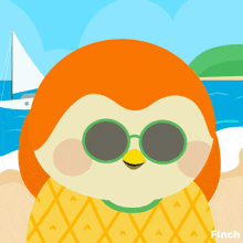 an illustration of a bird wearing sunglasses and a pineapple shirt with finch written below it