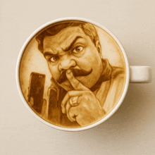 a cup of coffee has a drawing of a man with a mustache