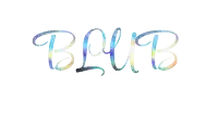 the word blub is written in a rainbow colored font on a white background