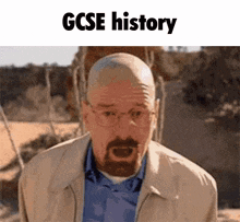 a man with glasses and a beard is making a funny face and says gcse history